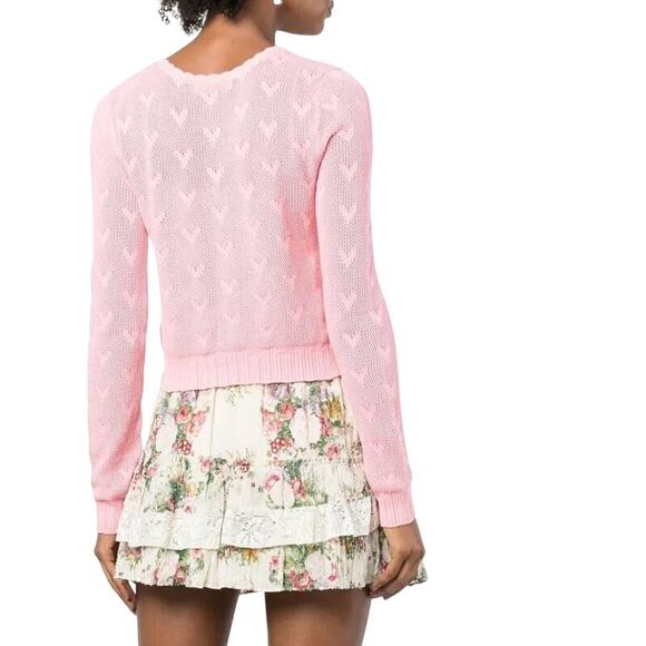 LoveShackFancy Pink Heart Knit Cropped Cardigan Button Front Size 10 - Picture 5 of 8